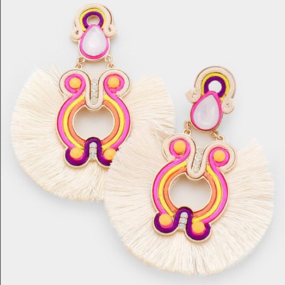 CRYSTAL TEARDROP ACCENTED TASSEL EARRINGS E2